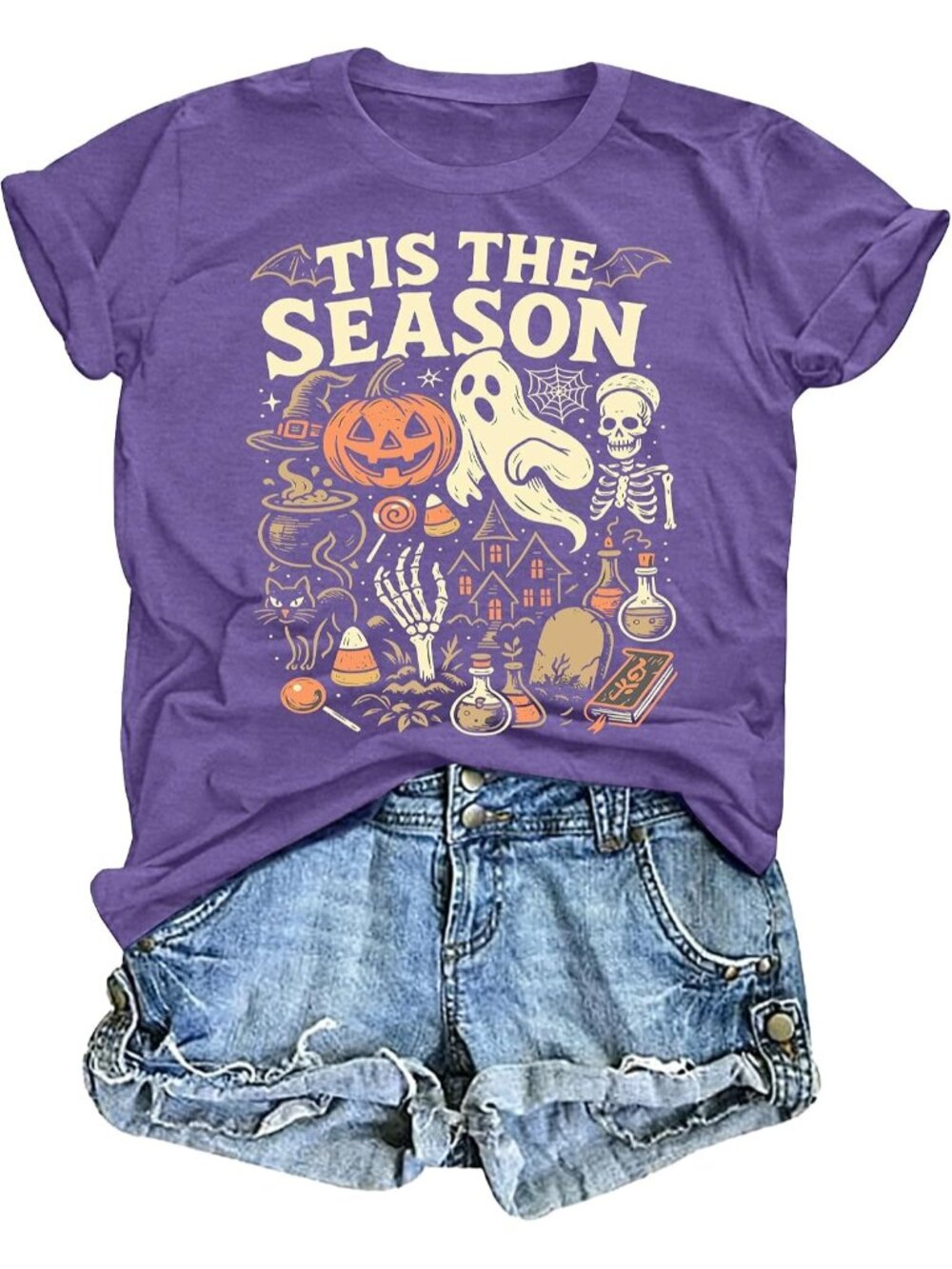 🆕 Womens Tis The Season Halloween Purple Graphic Tee Short Sleeve Casual Tee